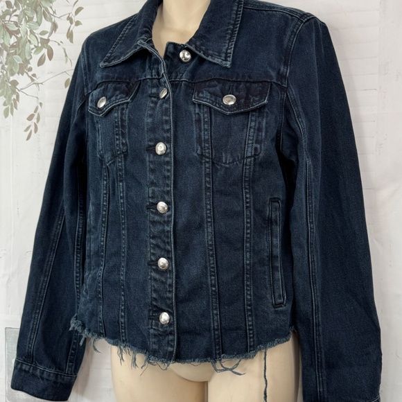 Silent New York Womens Dark Blue Denim Fray Trucker Jean Jacket Medium M - Picture 2 of 11